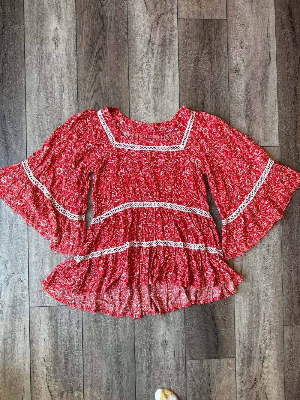 Free People Talk About It Tunic Medium Red White Blouse
